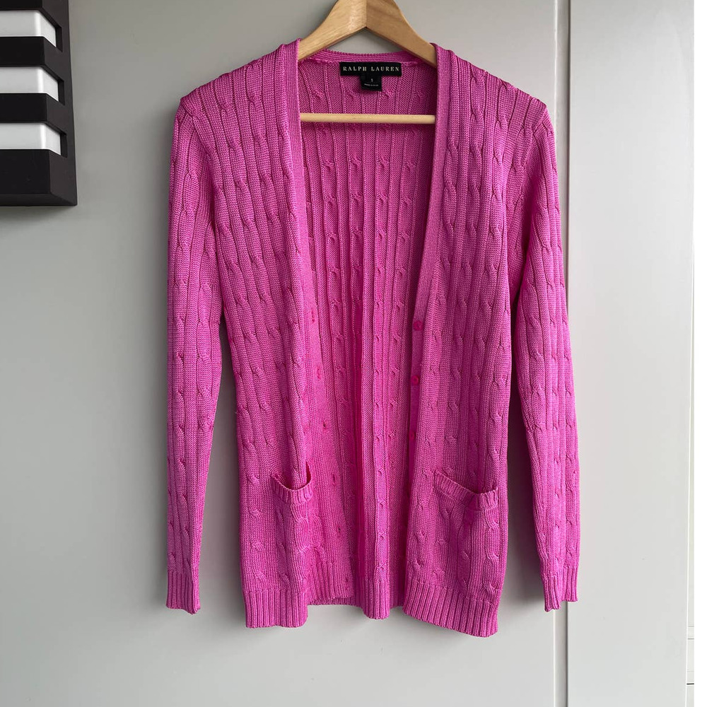 RALPH LAUREN Black Label fuchsia pink 100% silk metallic cable knit cardigan